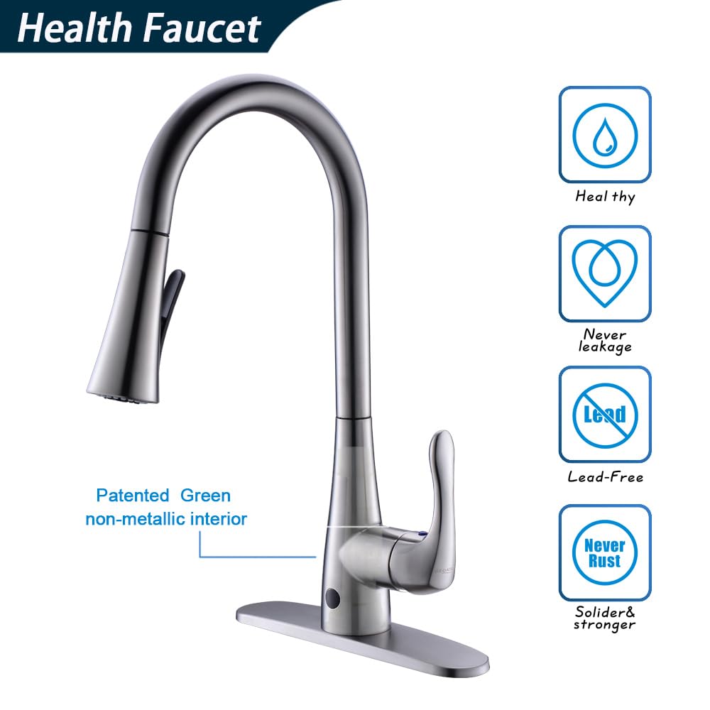 GEOATON Touchless Kitchen Faucet with Dual Motion Sensor, Pull Down Sprayer, Healthy Material, Easy DIY Install in Brushed Nickel for Modern and Hygienic Kitchens