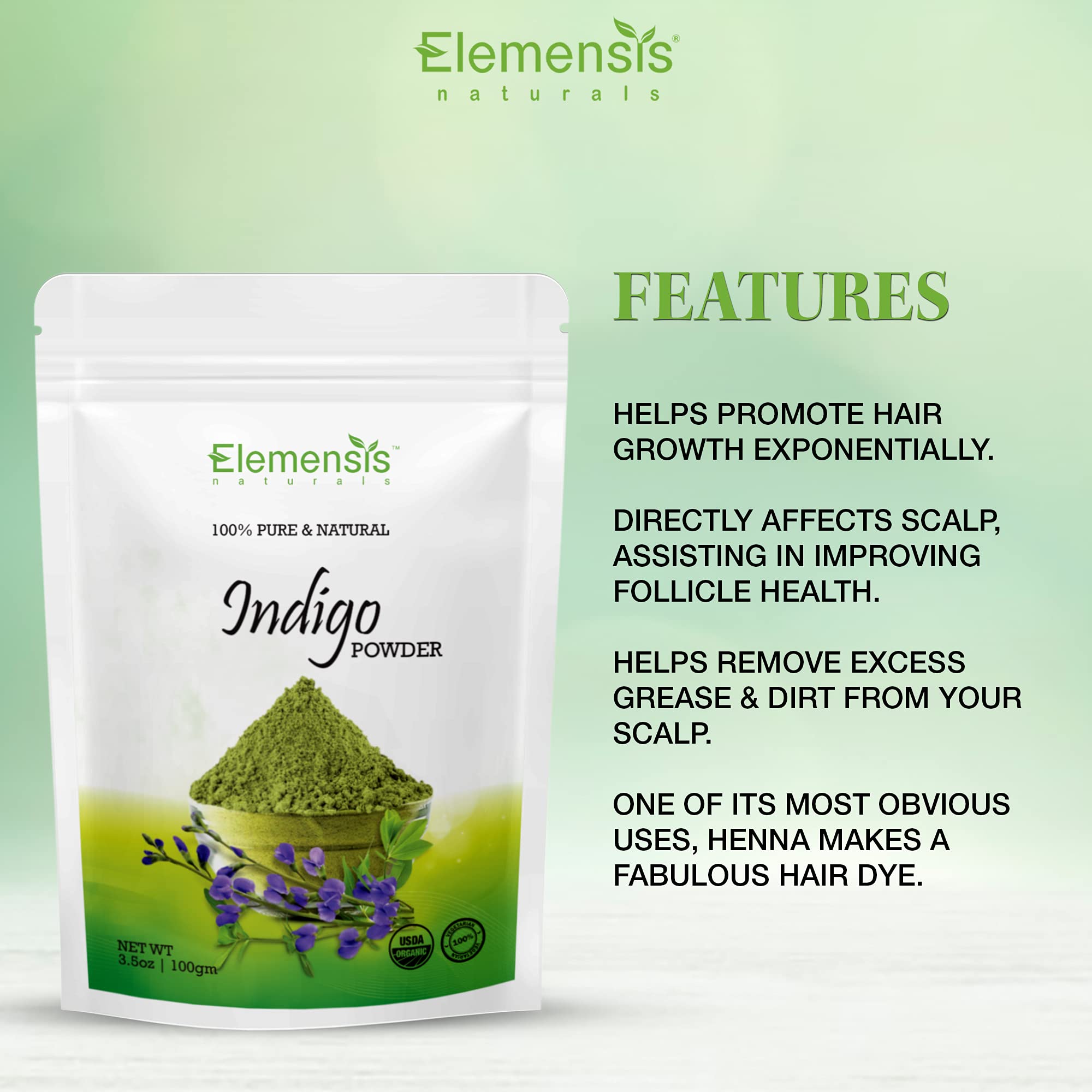 Elemensis Naturals Organic Pure Indigo Powder for Hair Coloring - Promotes Shiny, Strong Hair, Reduces Hair Fall & Dandruff (100g) | Natural Hair Dye for Gray Coverage & Healthy Hair Care at Home