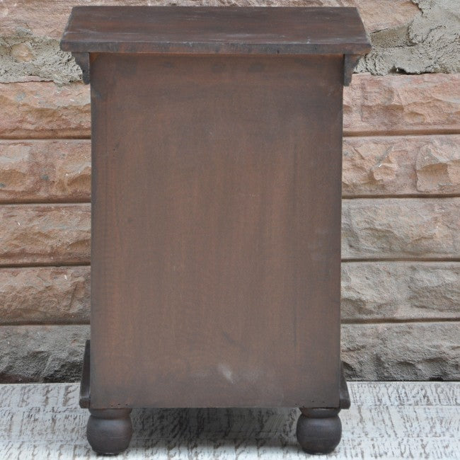 Hand Carved Solid Wood Nightstand - Rustic Brown Bedside Table with Drawer for Bedroom, Living Room & Home Decor