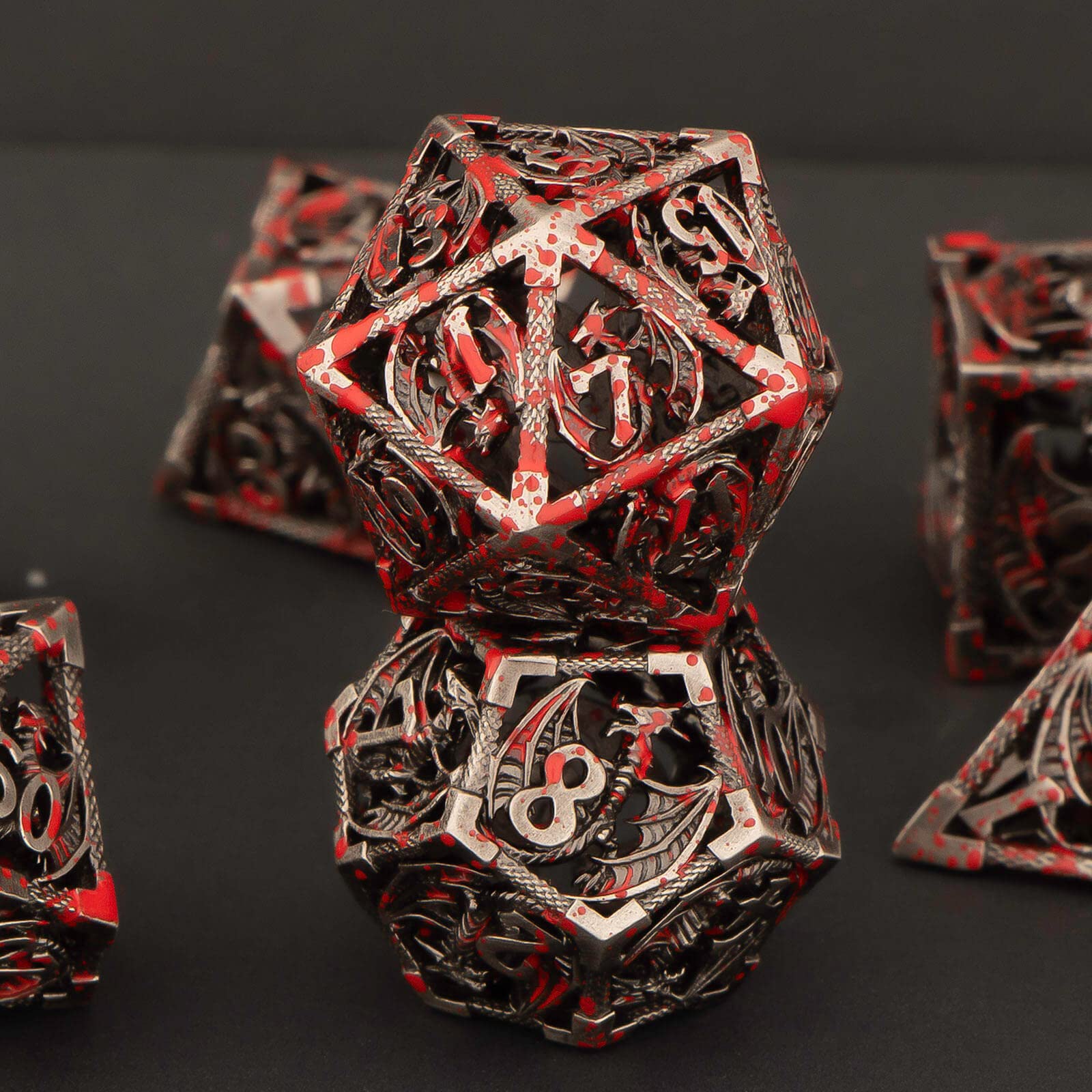 KERWELLSI Hollow Metal DND Dice Set - 7pcs Polyhedral RPG Dice for Dungeons & Dragons (D20, D12, D10, D8, D6, D4) with Gift Box - Perfect for Tabletop Role-Playing Games, D&D Campaigns & Fantasy Board Games (Blood Red)