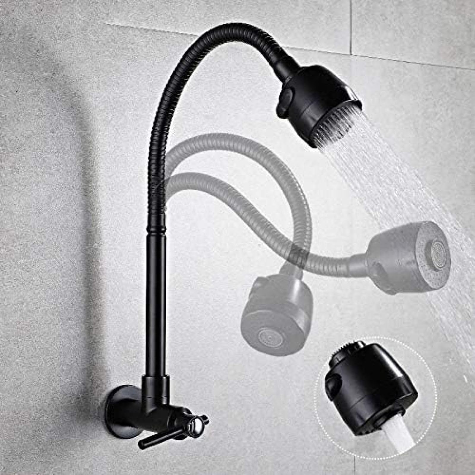 CRJUS Black Wall Mounted 360° Swivel Kitchen Faucet with 2-Way Sprayer - Cold Water Supply, Perfect for Modern Kitchens & Small Spaces