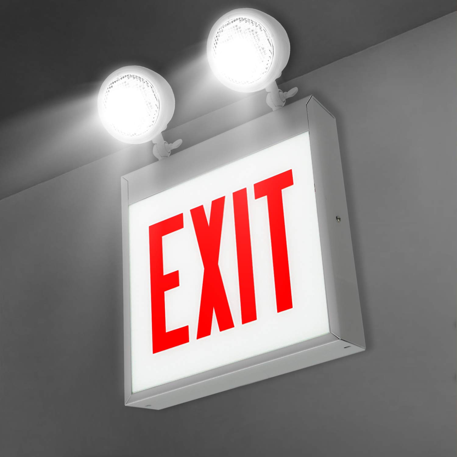 Chicago Approved Combo Red Exit Sign with Emergency Lights (No Arrow) - UL Listed Steel Housing LED Exit Sign with Battery Backup | Adjustable Round Heads for Commercial Buildings, Warehouses & Public Spaces