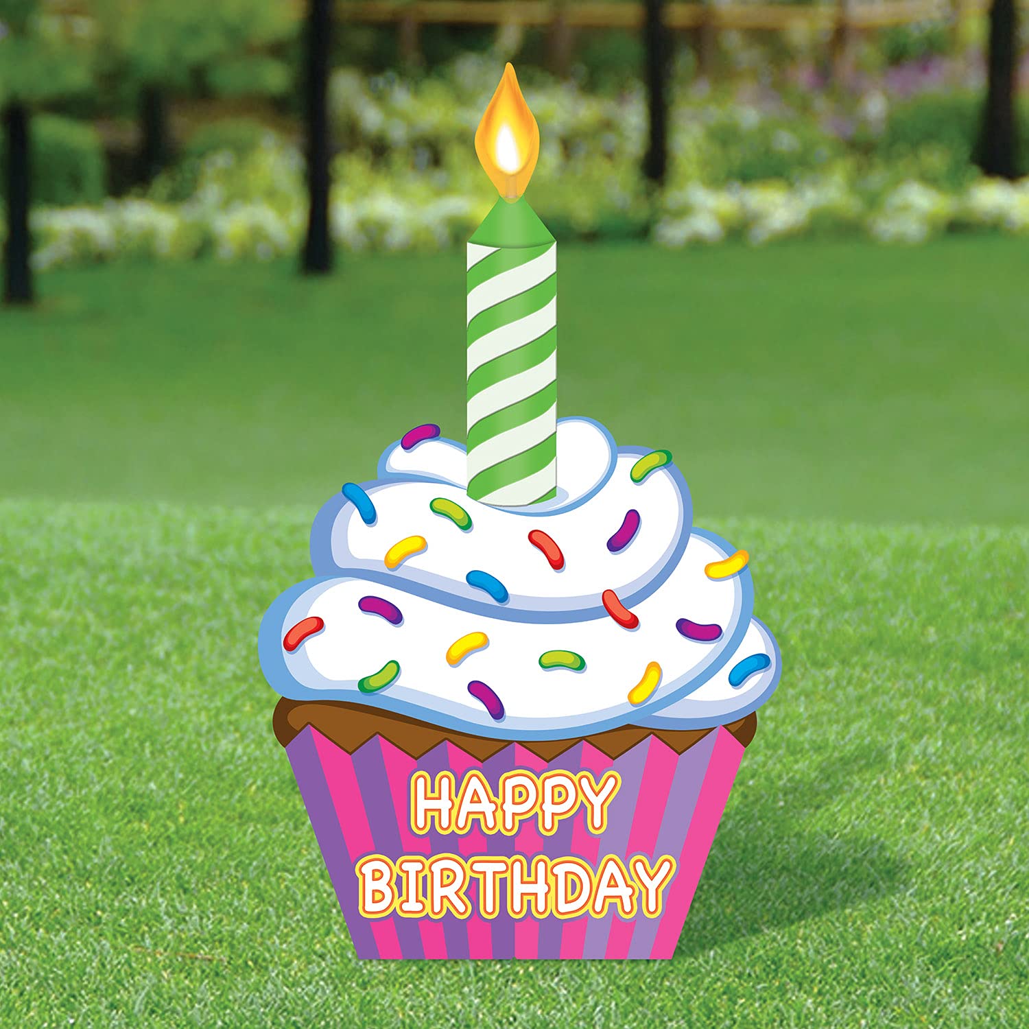 Beistle Jumbo Plastic Happy Birthday Cupcake Yard Sign with Metal Stakes - Outdoor Party Decorations for Birthday Celebrations & Backyard Events