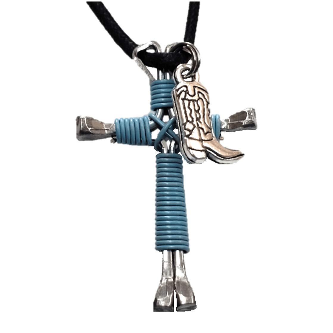 Sky Blue Horseshoe Nail Cross Pendant Necklace with Boot Charm - Elegant Western Jewelry for Women, Perfect for Cowgirl Fashion, Country Concerts & Rodeo Events
