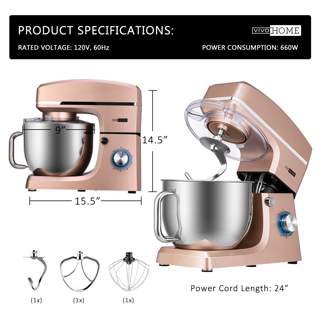VIVOHOME 7.5 Quart Stand Mixer 660W - 6-Speed Tilt-Head Electric Kitchen Mixer with Beater, Dough Hook, Wire Whip & Egg Separator - Champagne Color - Perfect for Baking Cakes, Cookies, Bread & Pastries at Home