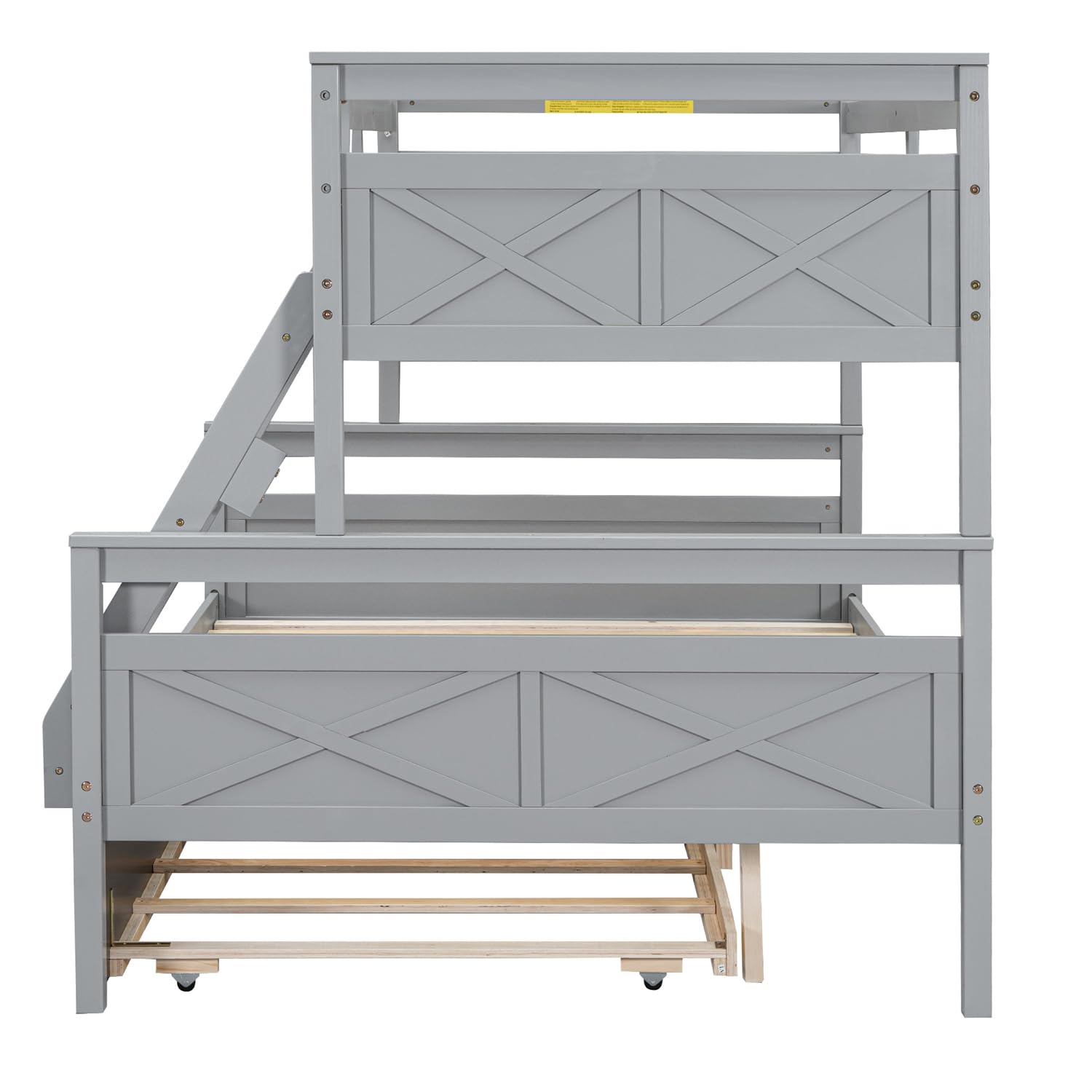 Merax Twin Over Full Wood Bunk Bed with Trundle - Solid Wood Frame, Guardrail & Ladder - Space-Saving Grey Bunk Bed for Kids, Teens & Guest Rooms - Perfect for Small Bedrooms, Vacation Homes & Shared Spaces