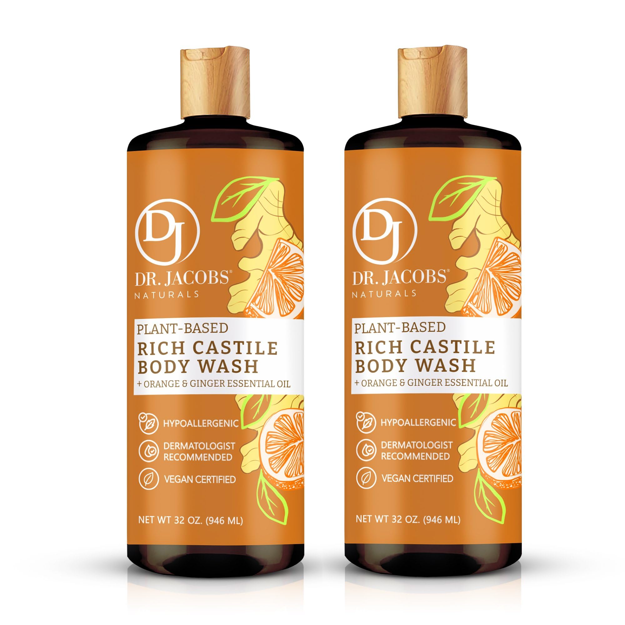 DR. JACOBS NATURALS Castile Orange & Ginger All-Natural Body Wash & Shampoo - Moisturizing for Dry & Sensitive Skin, Plant-Based Ingredients, Gluten-Free, No Preservatives - 32 oz (Pack of 2) - Perfect for Daily Shower & Gentle Hair Care