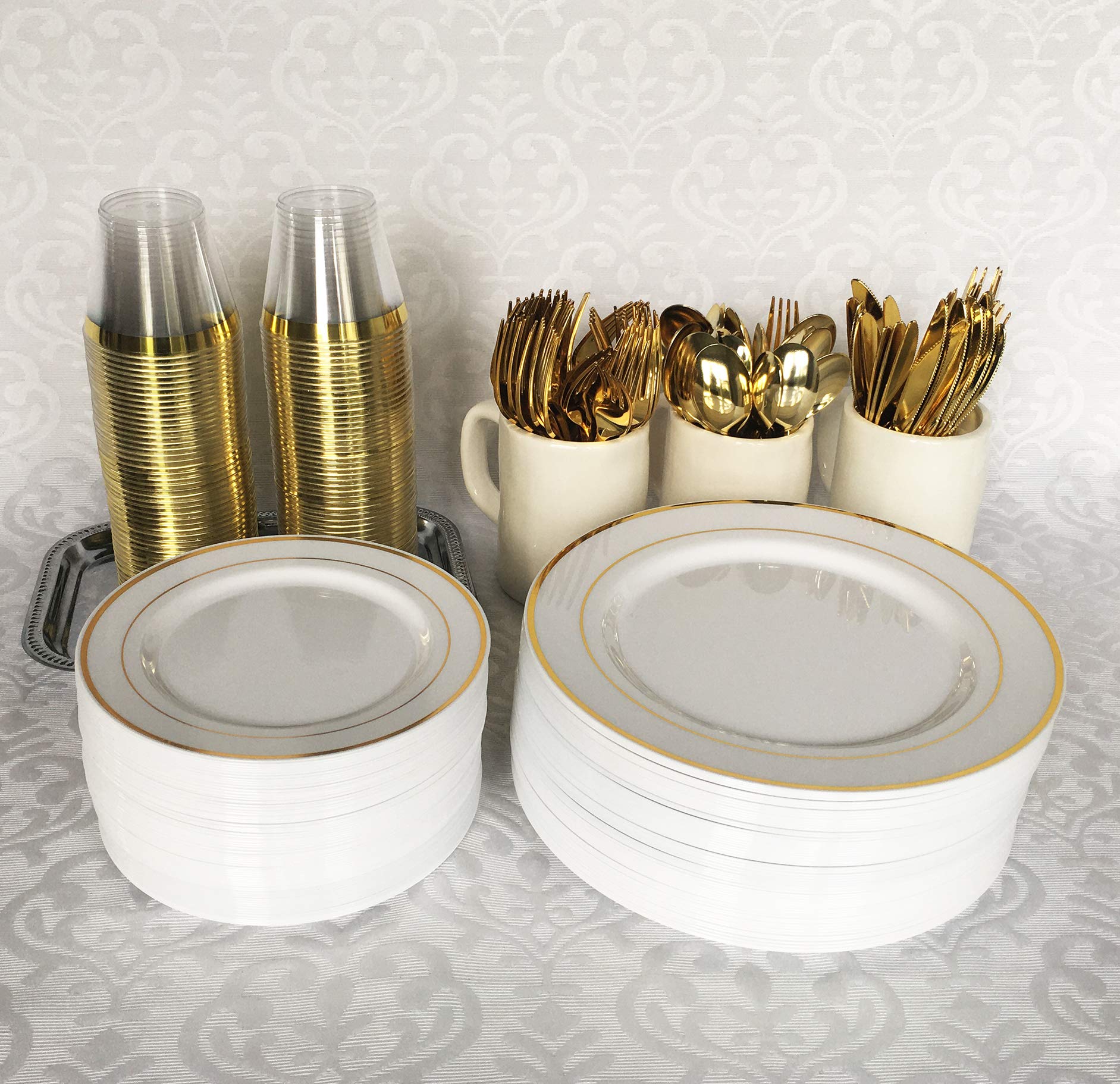 125-Piece Gold Plastic Plates & Cutlery Set - Reusable & Recyclable Dinnerware for Weddings, Parties & Events - 25 Gold Rim Plates, 25 Salad Plates & 75 Silverware Utensils - Perfect for Bridal Showers, Anniversaries & Outdoor Gatherings