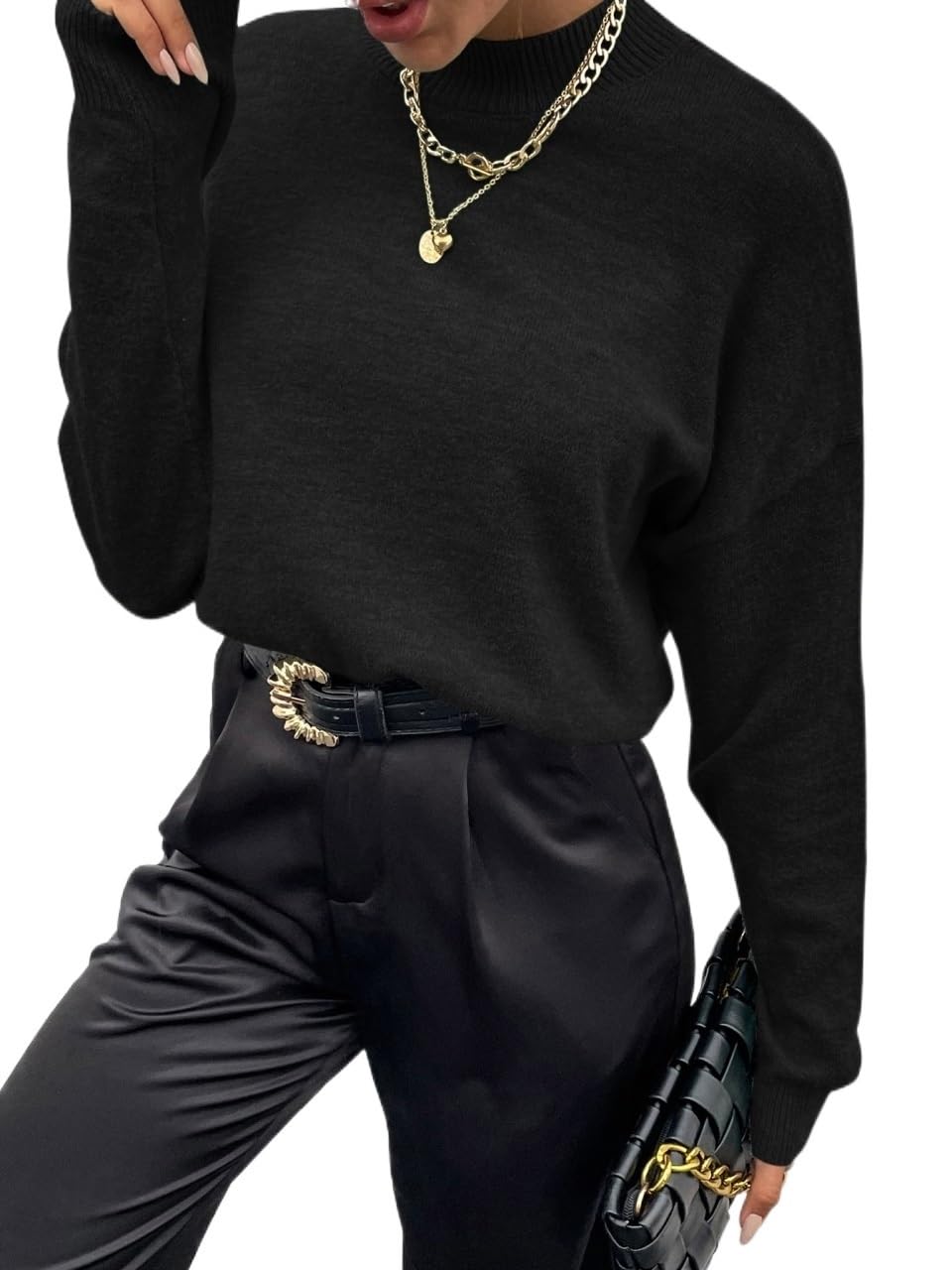 Elegant Women's Mock Neck Drop Shoulder Sweater - Casual Pullover for Work, Date Night & Fall Layering