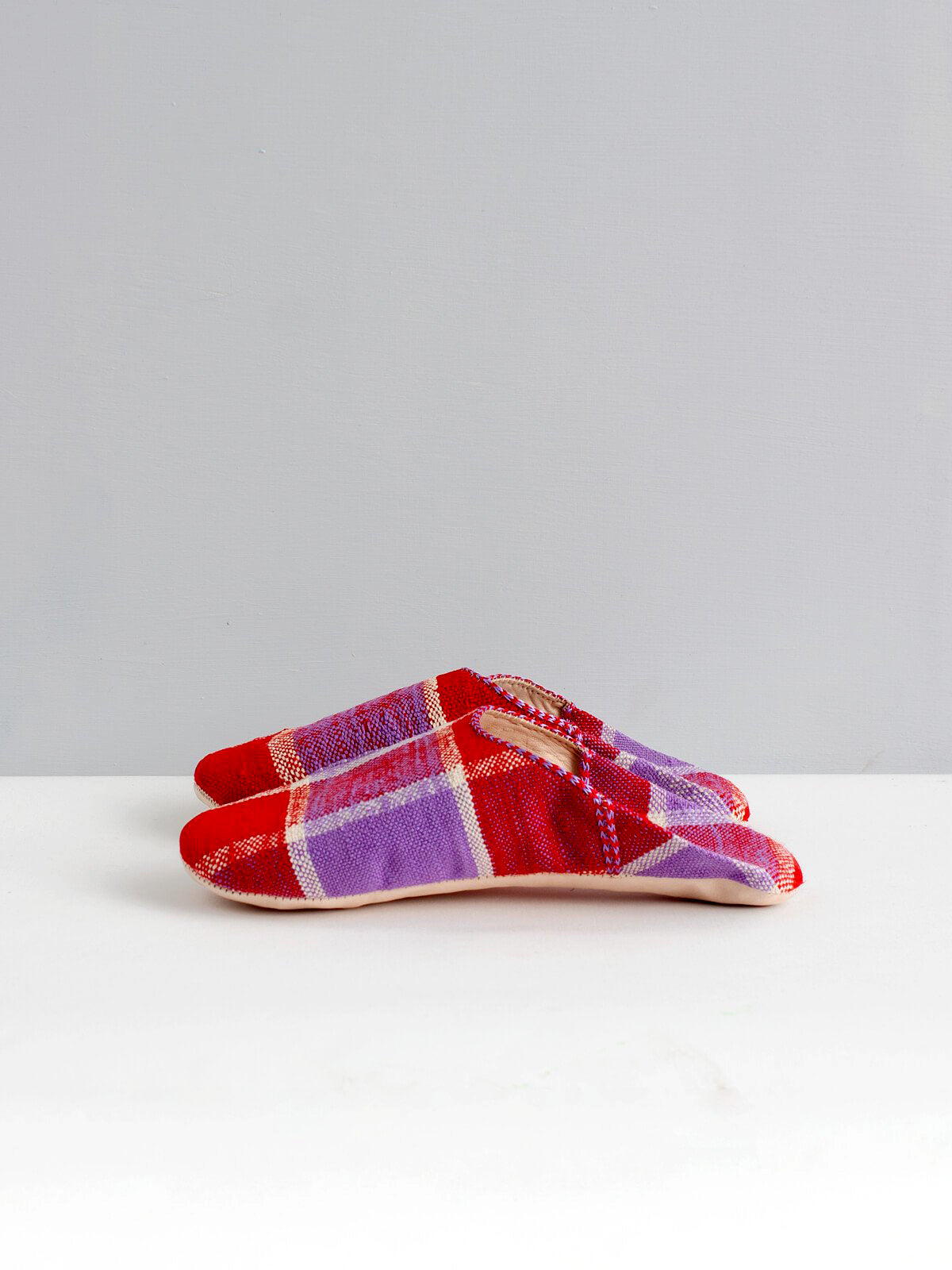 Authentic Moroccan Boujad Babouche Slippers - Handmade Leather Red & Lilac Checkered Pattern | Comfortable House Shoes for Women & Men | Perfect for Home, Lounge & Cultural Events