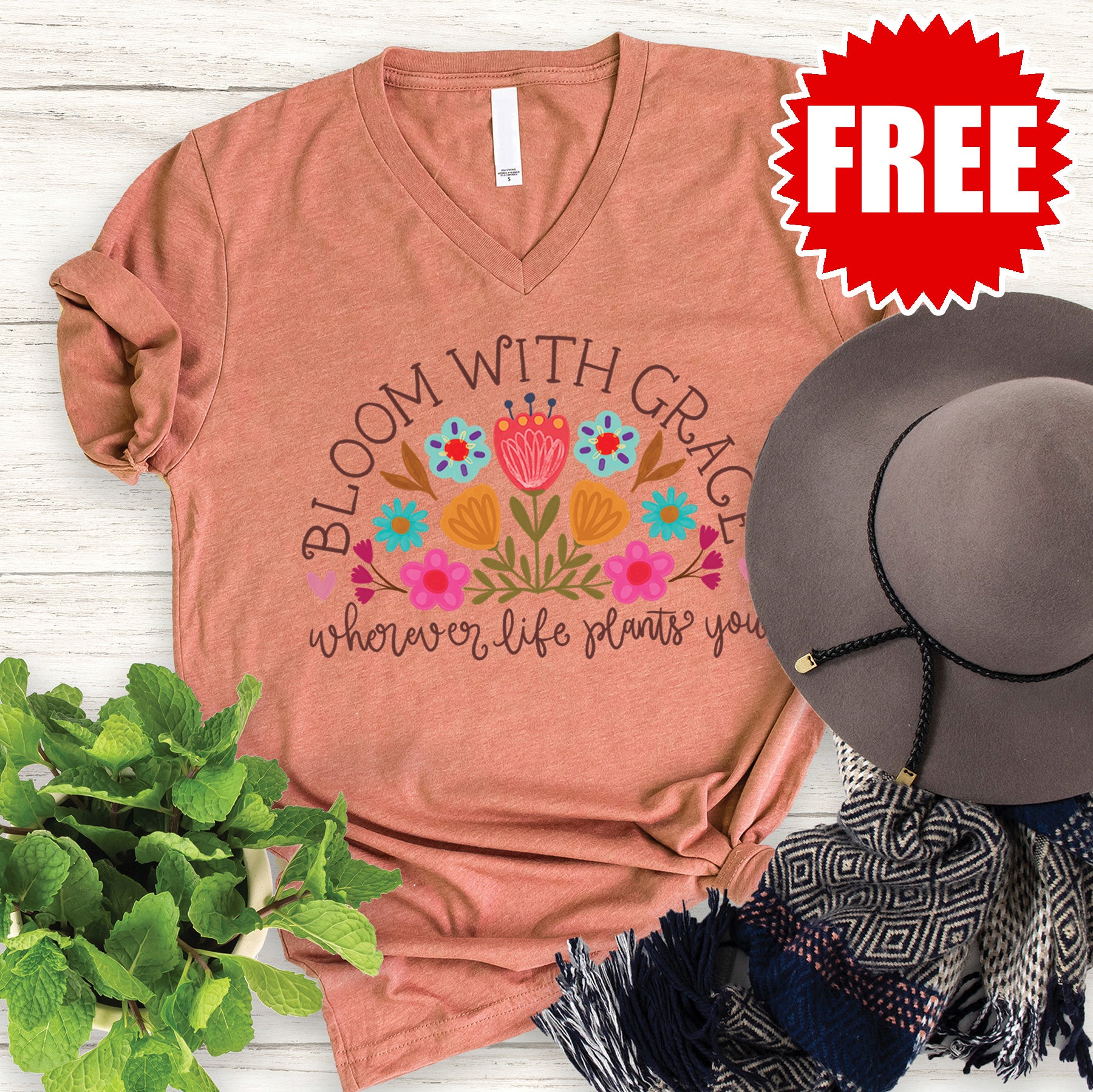 Bloom With Grace V Neck Heather Terracotta Women's T-Shirt - Casual Comfort Fit for Everyday Wear