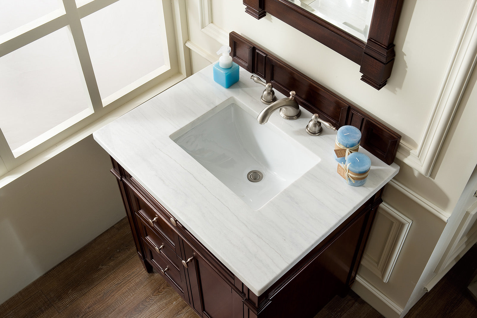 Brittany 30 Inch Single Bathroom Vanity with Burnished Mahogany Finish & 3CM Arctic Fall Solid Surface Top - Perfect for Modern Home Renovation & Small Space Bathrooms