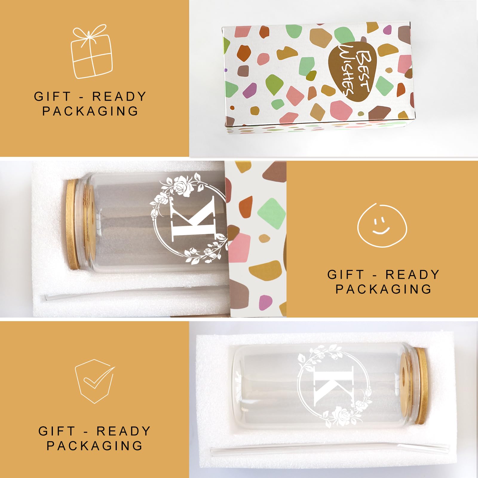 Personalized Monogrammed Initial 16oz Glass Cup with Lid & Straw - Custom Birthday & Christmas Gifts for Women - Iced Coffee & Beer Can Shaped Drinking Glass for Home, Office & Party Use