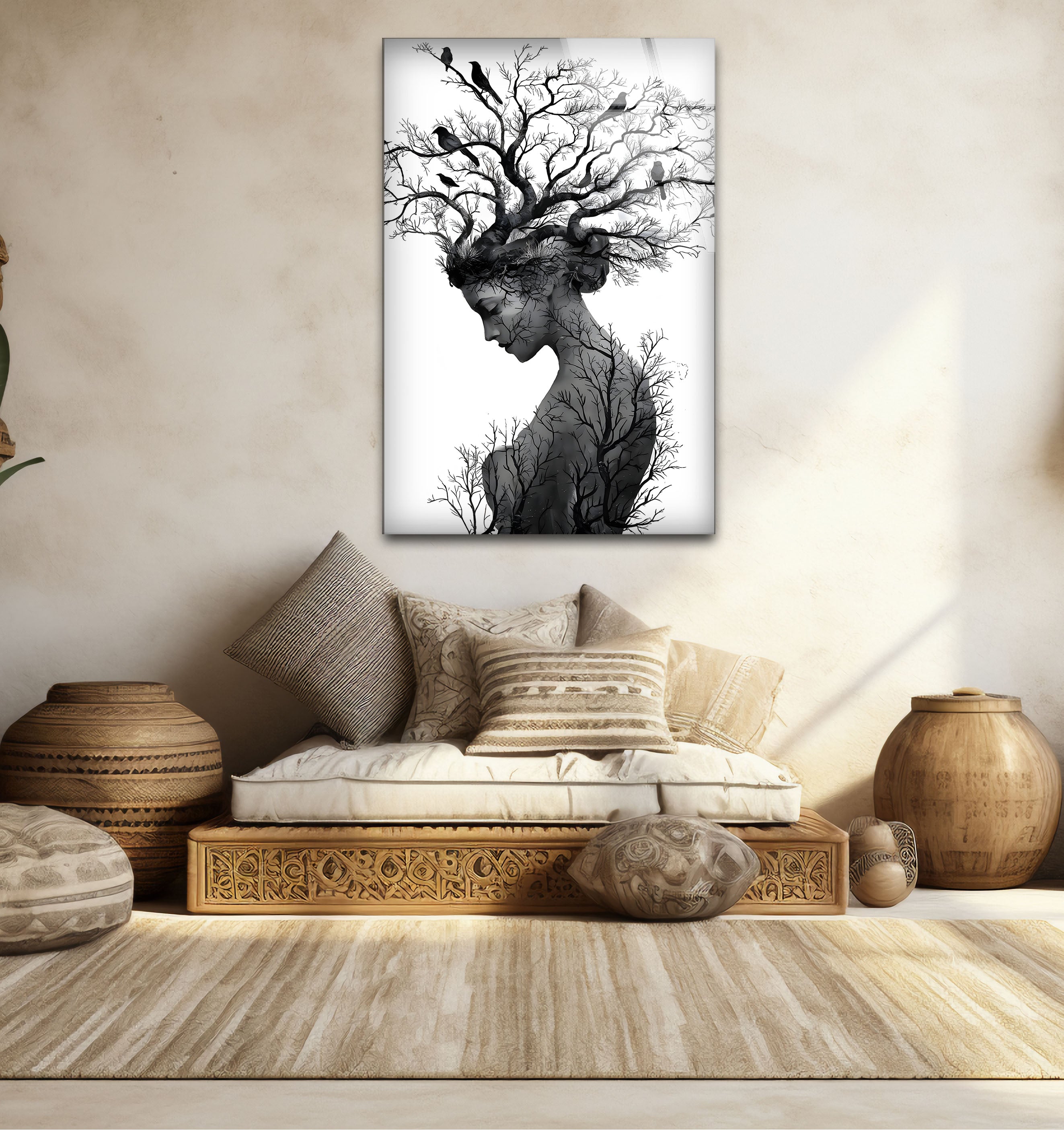 Black and White Mother Nature Glass Wall Art - Elegant Nature-Inspired Home Decor for Living Room, Bedroom & Office