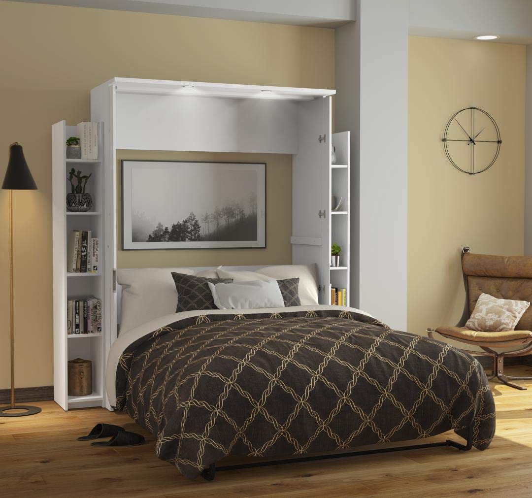 Bestar Lumina Full Murphy Bed with Built-in Shelves & Storage - Space-Saving Wall Bed for Small Apartments, Guest Rooms & Home Offices - White