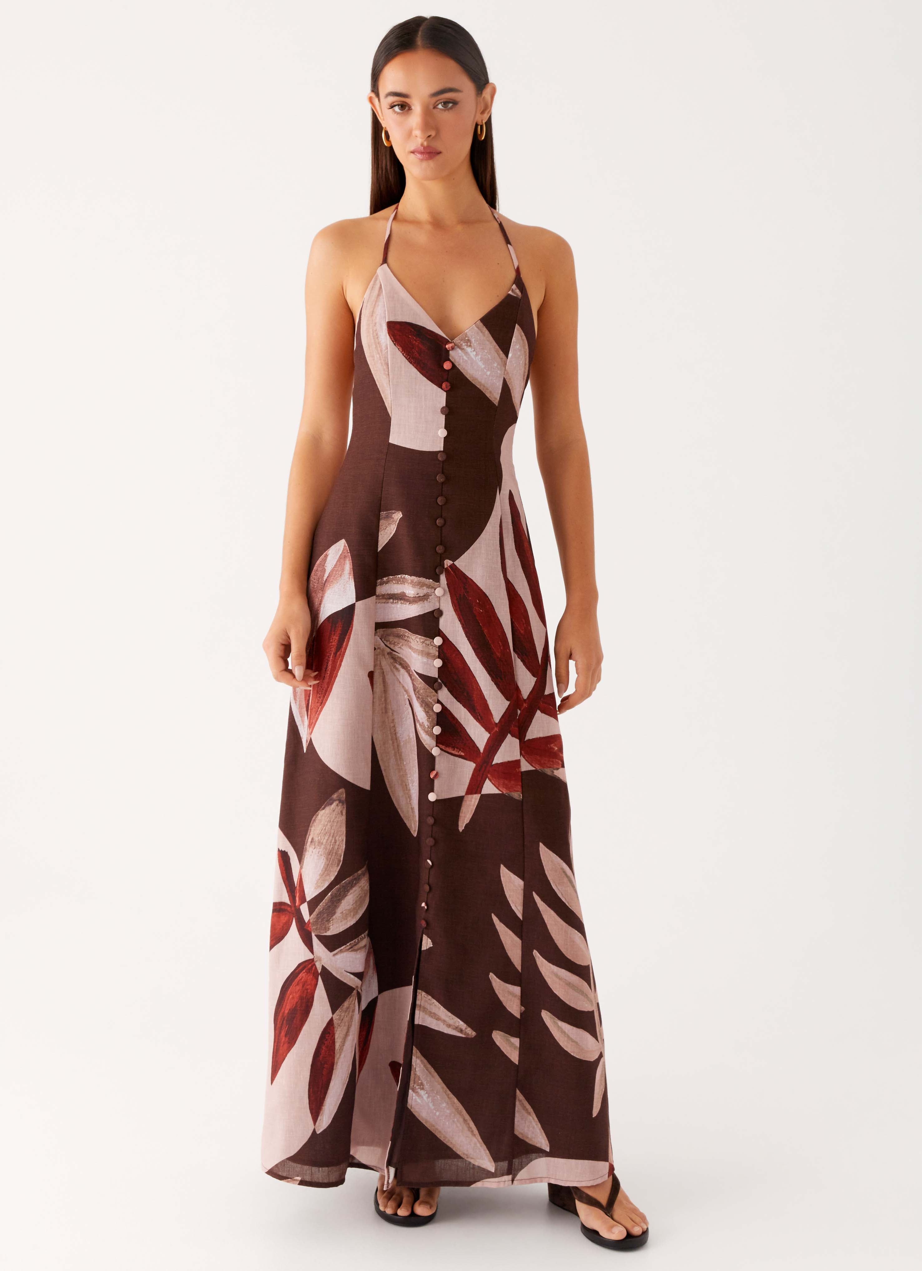 Elegant Autumn Linen Maxi Dress with Cinnamon Palm Print - Perfect for Fall Weddings, Beach Vacations & Boho Fashion