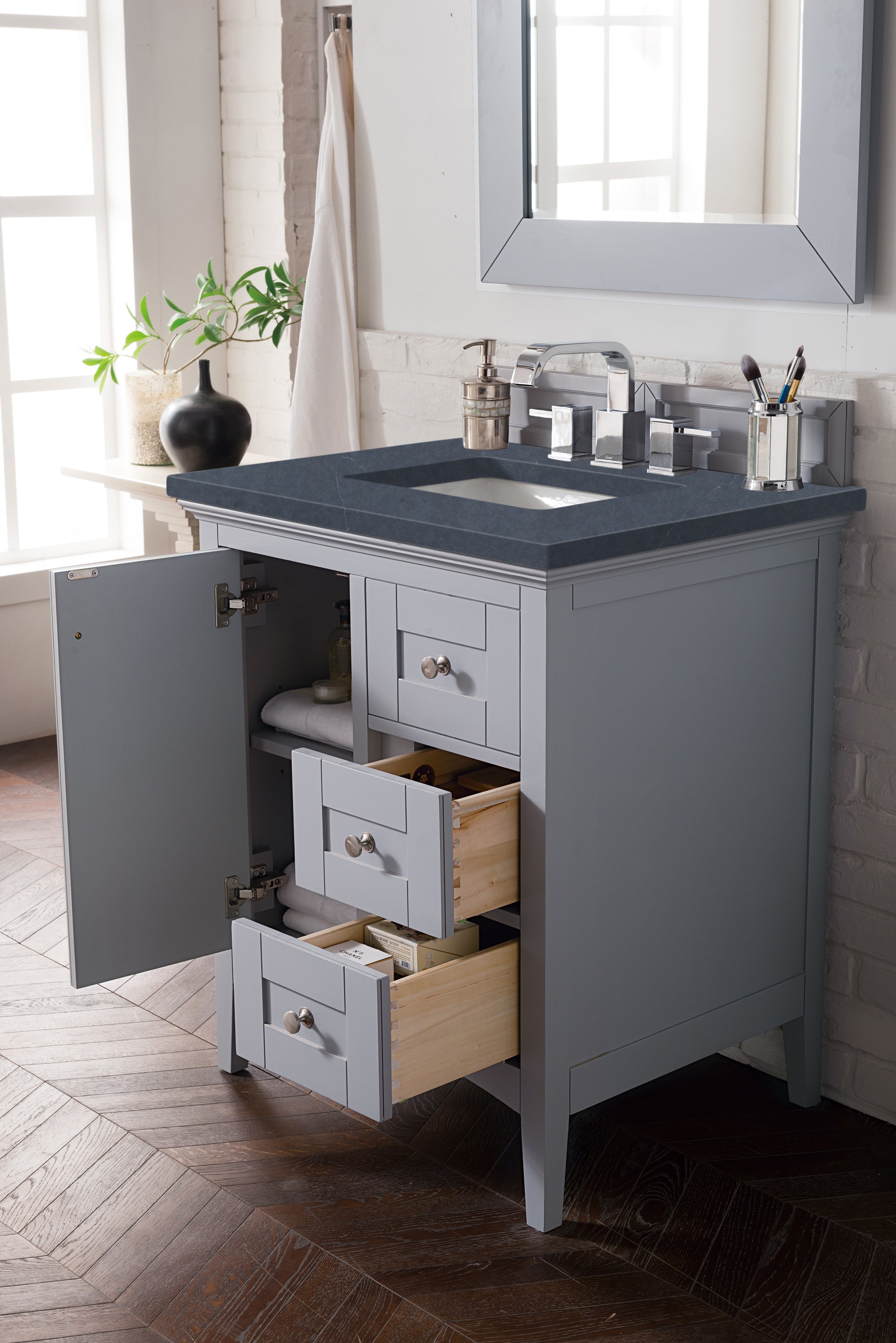 Palisades 30 Inch Single Bathroom Vanity with Charcoal Soapstone Quartz Top - Silver Gray Finish for Modern Home Decor | Perfect for Small Bathrooms & Powder Rooms