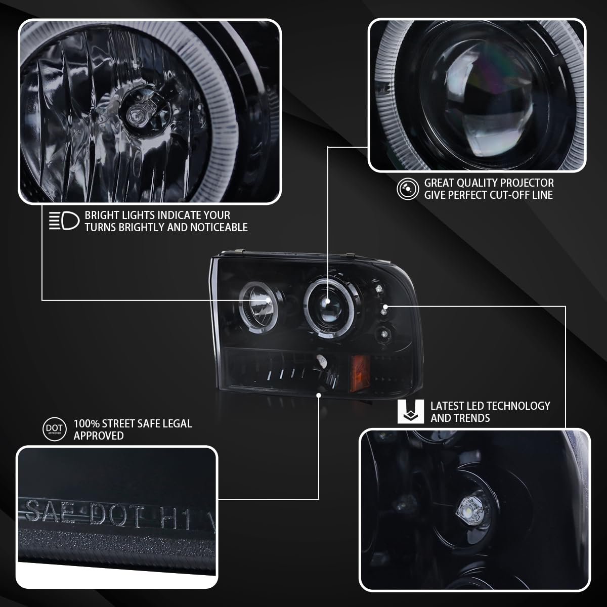 Ford F-250/F-350 Super Duty LED Headlights 1999-2004 - Black Halo Projector for Night Driving