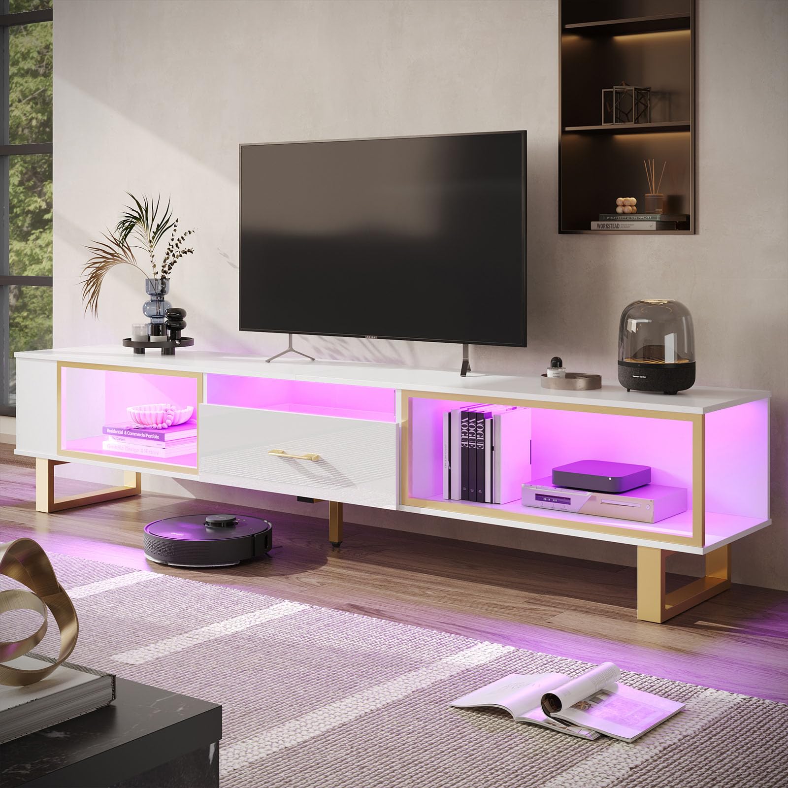 Bestier 80 Inch Modern TV Stand for 65-90 Inch TVs - High Gloss LED Gaming Entertainment Center with Open Storage & Half-Glass Drawers - White & Gold Media Console for Living Room, Bedroom & Home Theater Setup
