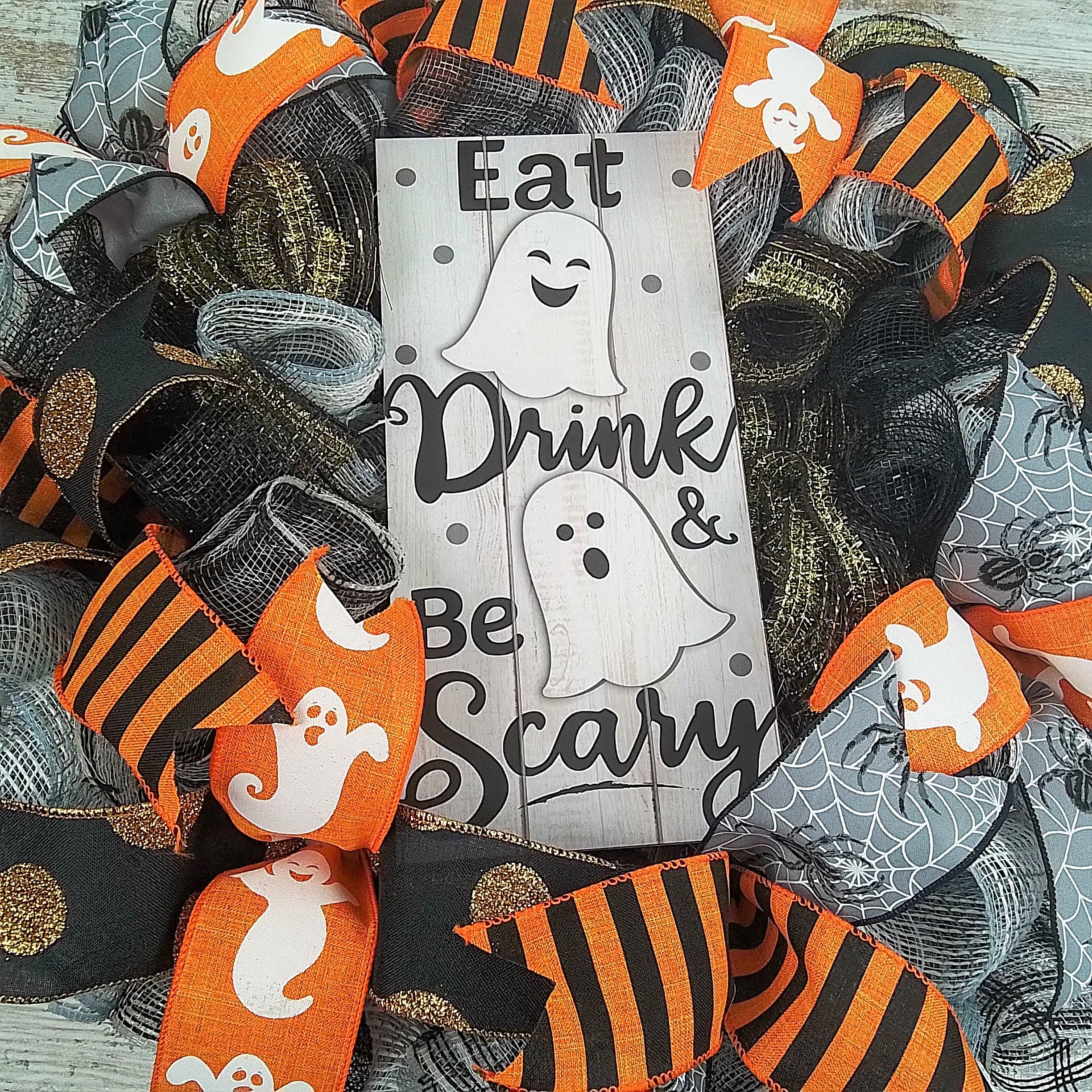 Spooky Halloween Mesh Wreath for Front Door - Black, White, Gold & Orange Ghost Decor | Perfect for Halloween Party Decorations & Haunted House Themes