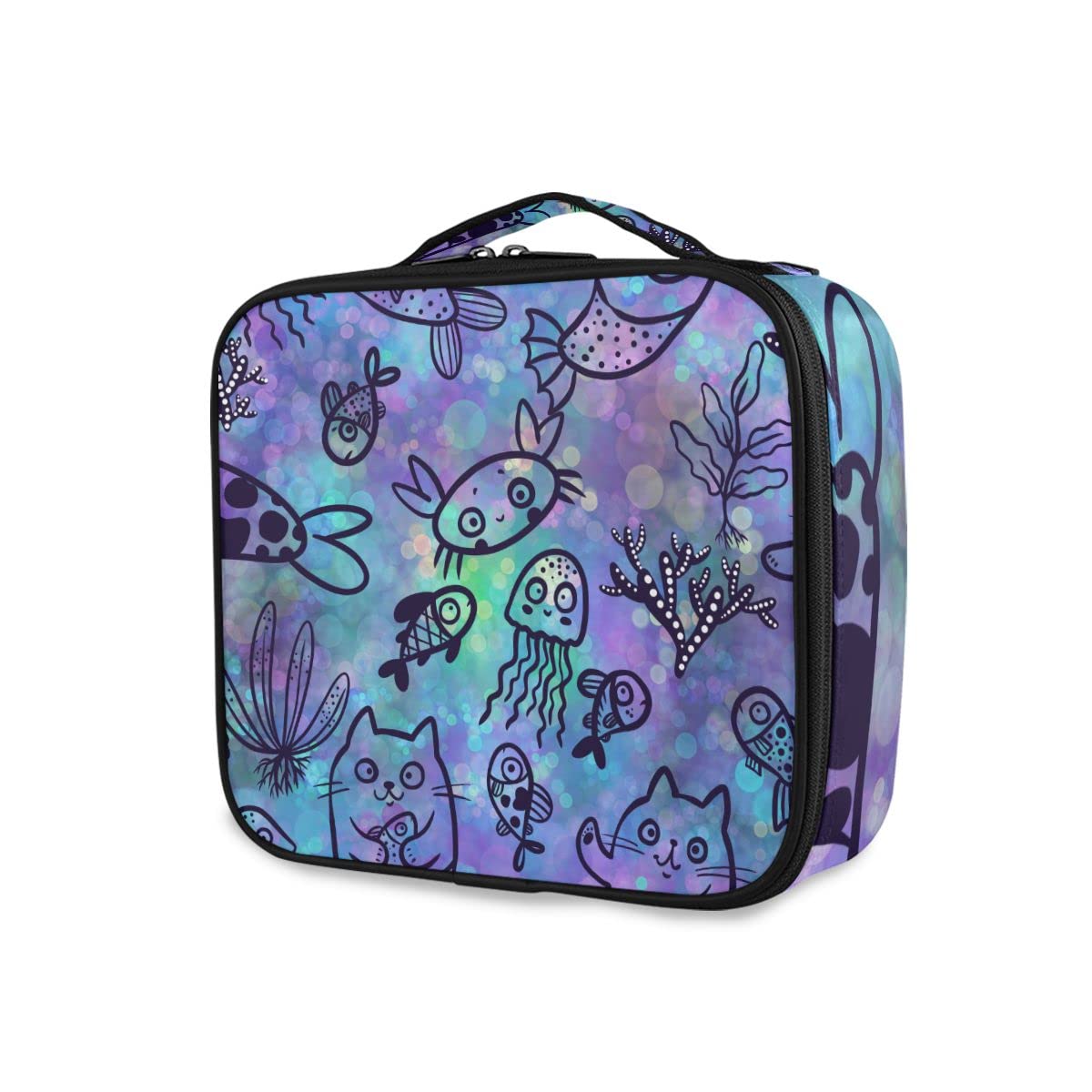 Mermaid & Cats Jellyfish Fish Makeup Bag Organizer - Travel Cosmetic Train Case with Dividers for Women & Girls - Perfect for Travel, Gym, and Daily Makeup Storage