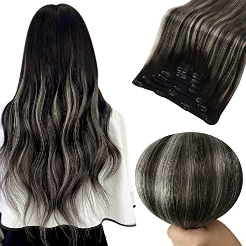 18 Inch Ombre Clip-In Human Hair Extensions - Natural Black to Silver Grey Balayage Remy Hair - 120g/7pcs Full Head Set for Volume & Length - Perfect for Parties, Weddings & Daily Styling