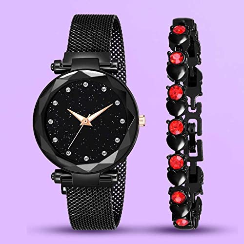 R1O Analog Diamond Studded Magnetic Watch for Women & Girls - Super Dial with Heart Bracelet Gift - Elegant & Stylish Timepiece for Daily Wear, Parties & Special Occasions (Cosmic)