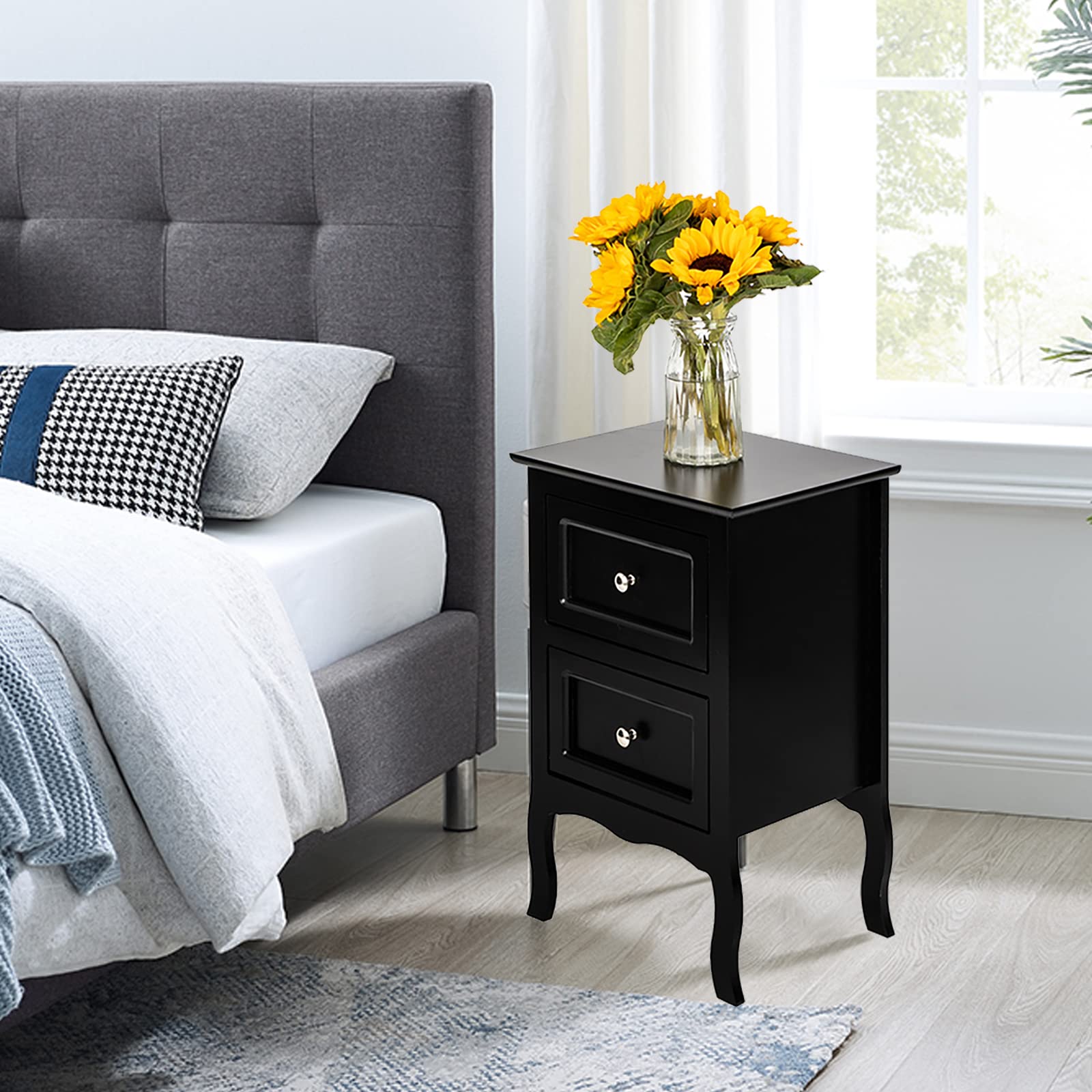 Mid Century Modern Nightstand with 2 Drawers - Solid Wood Bedside Table with High Legs - Black End Table for Bedroom, Living Room & Office - Perfect for Small Spaces & Minimalist Home Decor