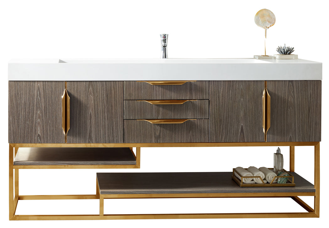 Columbia 72 Inch Single Bathroom Vanity in Ash Gray with Radiant Gold Accents & Glossy White Composite Top – Perfect for Modern Master Bathrooms & Guest Suites