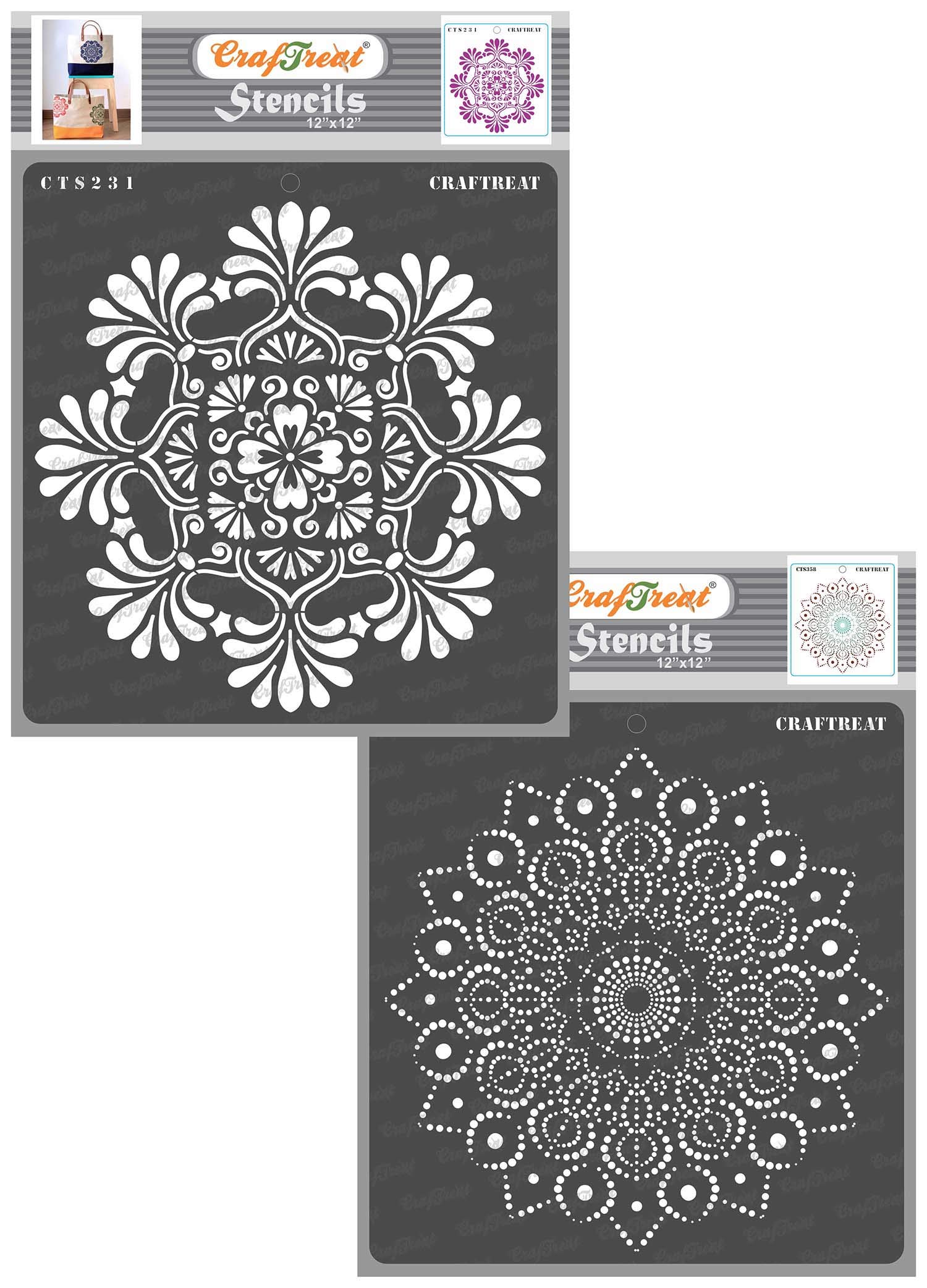 CrafTreat Reusable Mandala Stencils for Painting - 12x12 Inch Large Mandala II & Peacock Dot Design - Perfect for Wood, Canvas, Walls, Floors, Tiles & DIY Home Decor Projects