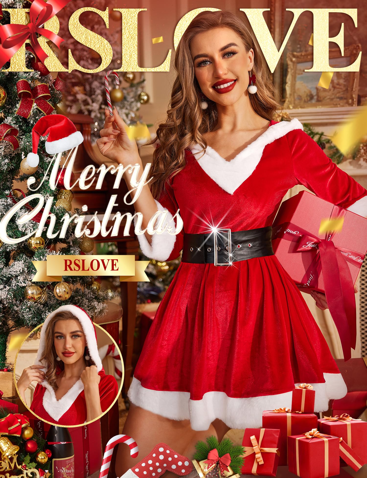 RSLOVE Women's Sexy Santa Lingerie Set - Christmas Babydoll Chemise with Belt & Mrs Claus Costume for Holiday Romance & Intimate Gifts (Perfect for Christmas Parties, Boudoir Photos & Couples Nights)