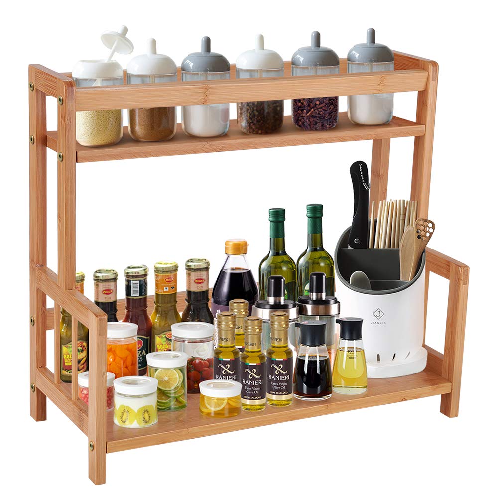 2-Tier Bamboo Spice Rack Organizer - Rustic Wooden Countertop Shelf for Coffee Station, Kitchen Storage & Makeup Display | Perfect for Spice Jars, Syrup Bottles & Small Decor