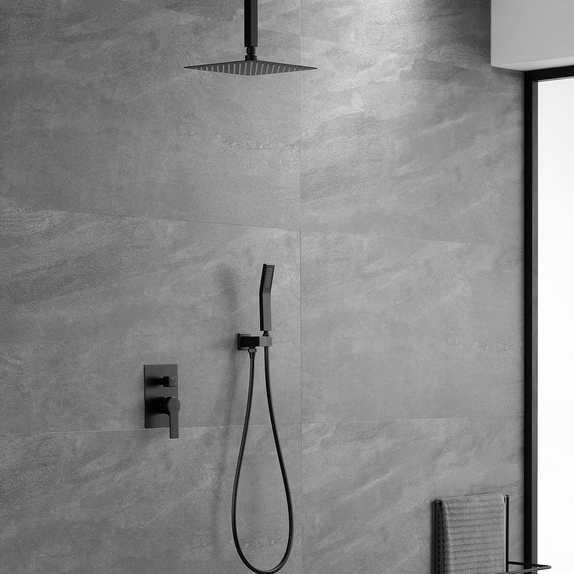 Luxury Matte Black Ceiling Mounted Rain Shower System - 12 Inch Rainfall Shower Head & Handheld Shower Combo with Rough-In Valve (Brass Construction) - Perfect for Modern Bathroom & Spa-Like Shower Experience
