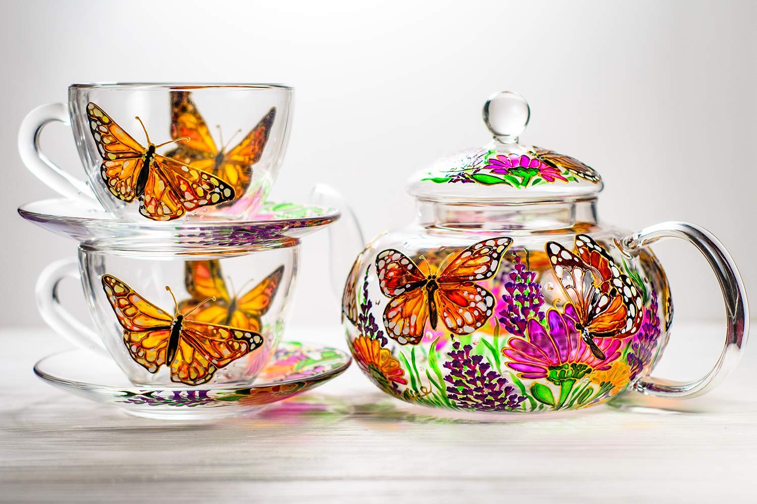 Hand-Painted Butterflies & Flowers Teapot Set with 2 Cups & Saucers - Elegant Wedding & Mother's Day Gift for Women - Luxury Tea Accessories for Afternoon Tea Parties & Bridal Showers
