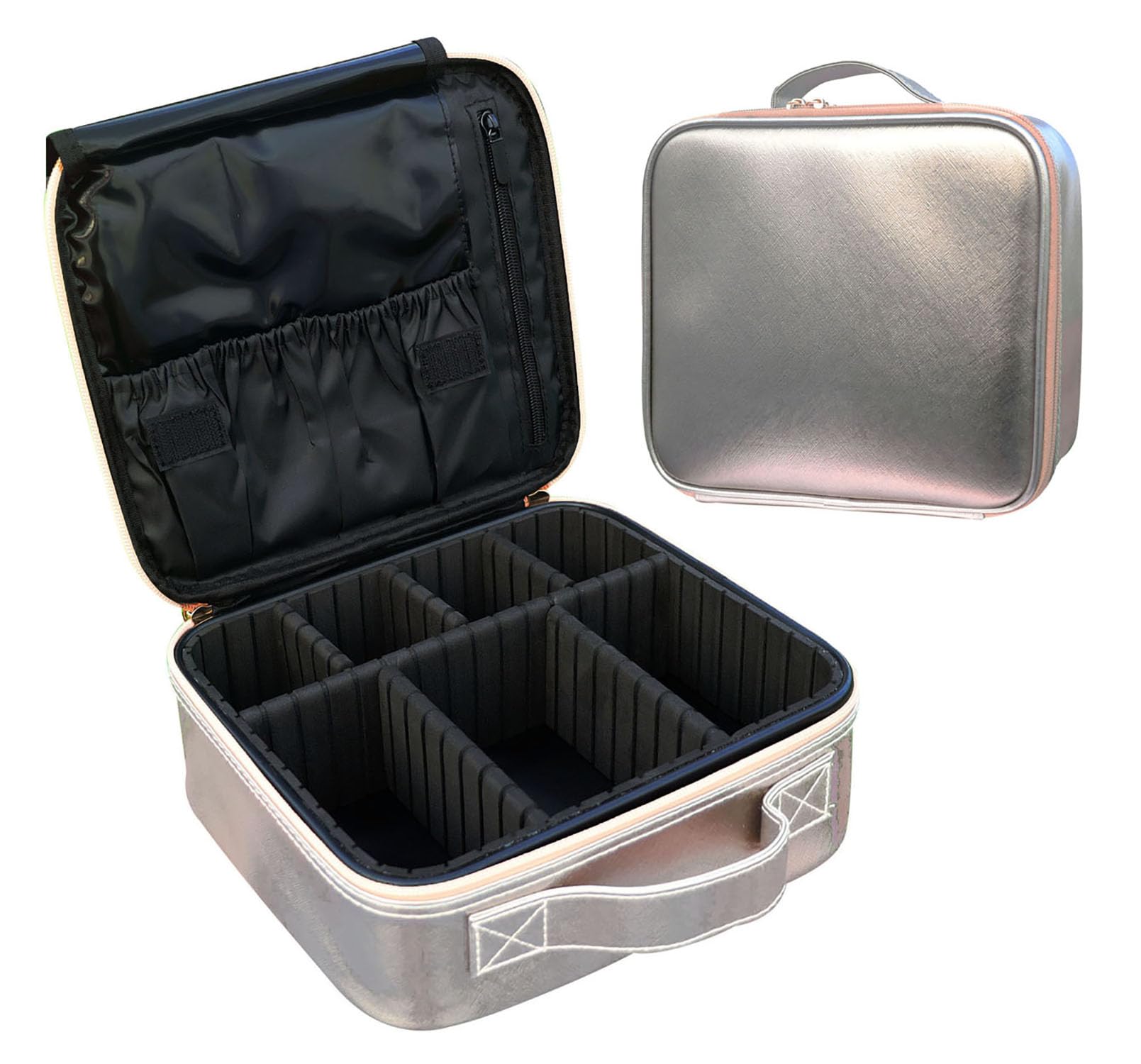 House of Quirk Adjustable Makeup Organizer Case - Shimmer Silver Cosmetic Storage Box with Customizable Compartments | Perfect for Vanity, Travel & Beauty Counter Organization