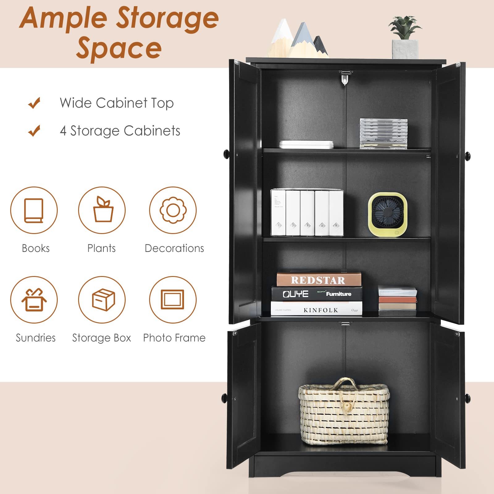 Giantex Wooden Kitchen Pantry Storage Cabinet with Adjustable Shelves & Anti-Tilt Design - Freestanding Cupboard Organizer for Living Room, Bathroom, Bedroom (Black) | Perfect for Home Organization, Small Space Storage & Closet Solutions
