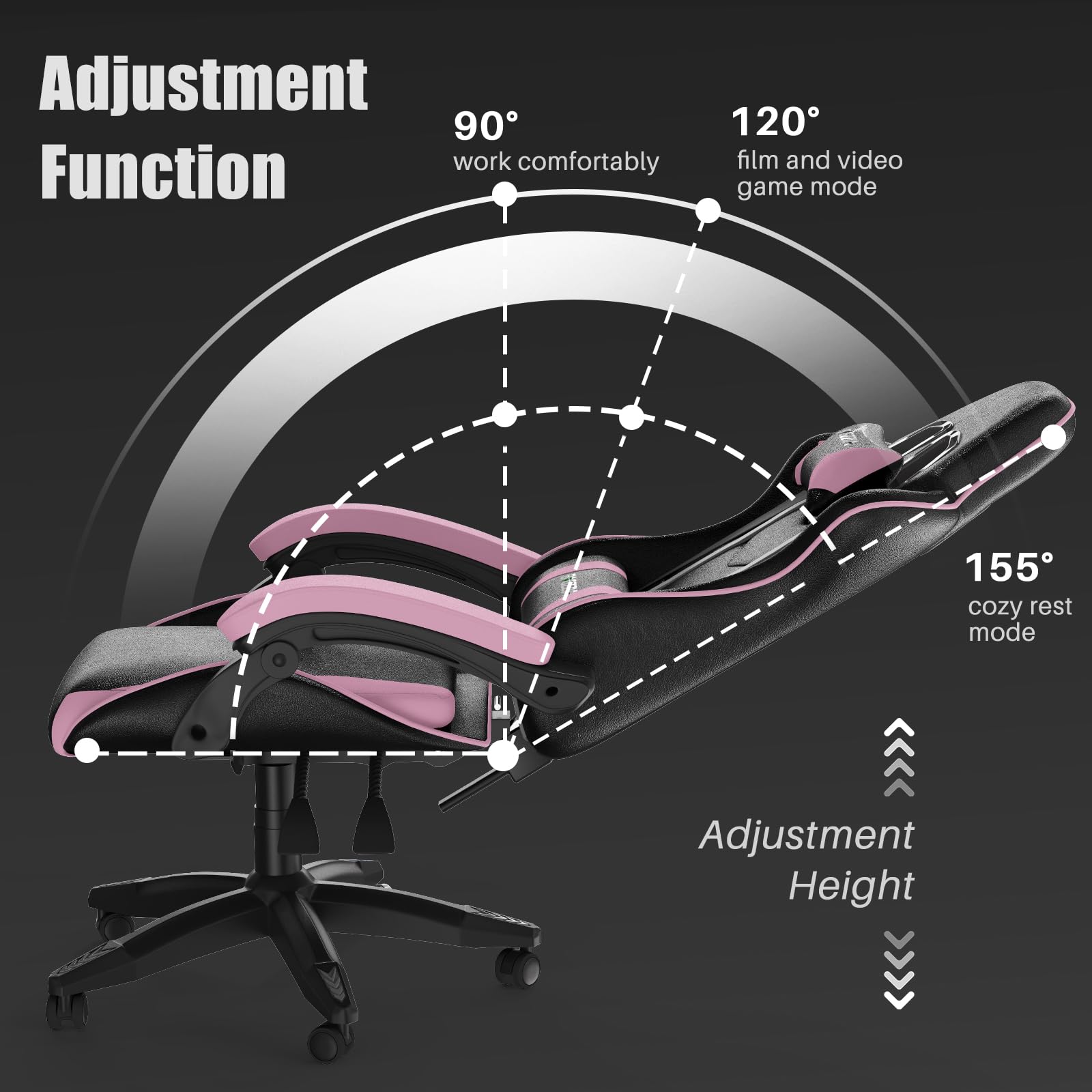 Bigzzia Ergonomic Gaming Chair for Adults - Adjustable Height, Reclining, 360° Swivel Racing Style Office Chair with Headrest & Lumbar Support - Black/Pink - Perfect for PC Gaming, Streaming & Home Office Work