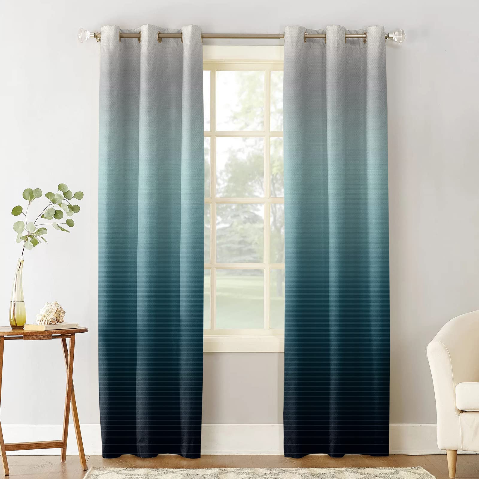 Teal Grey Ombre Stripe Gradient Blackout Curtains - Thermal Insulated Room Darkening Window Drapes for Living Room & Bedroom (2 Panels, 42x84 Inches) - Perfect for Home Decor, Privacy & Energy Efficiency