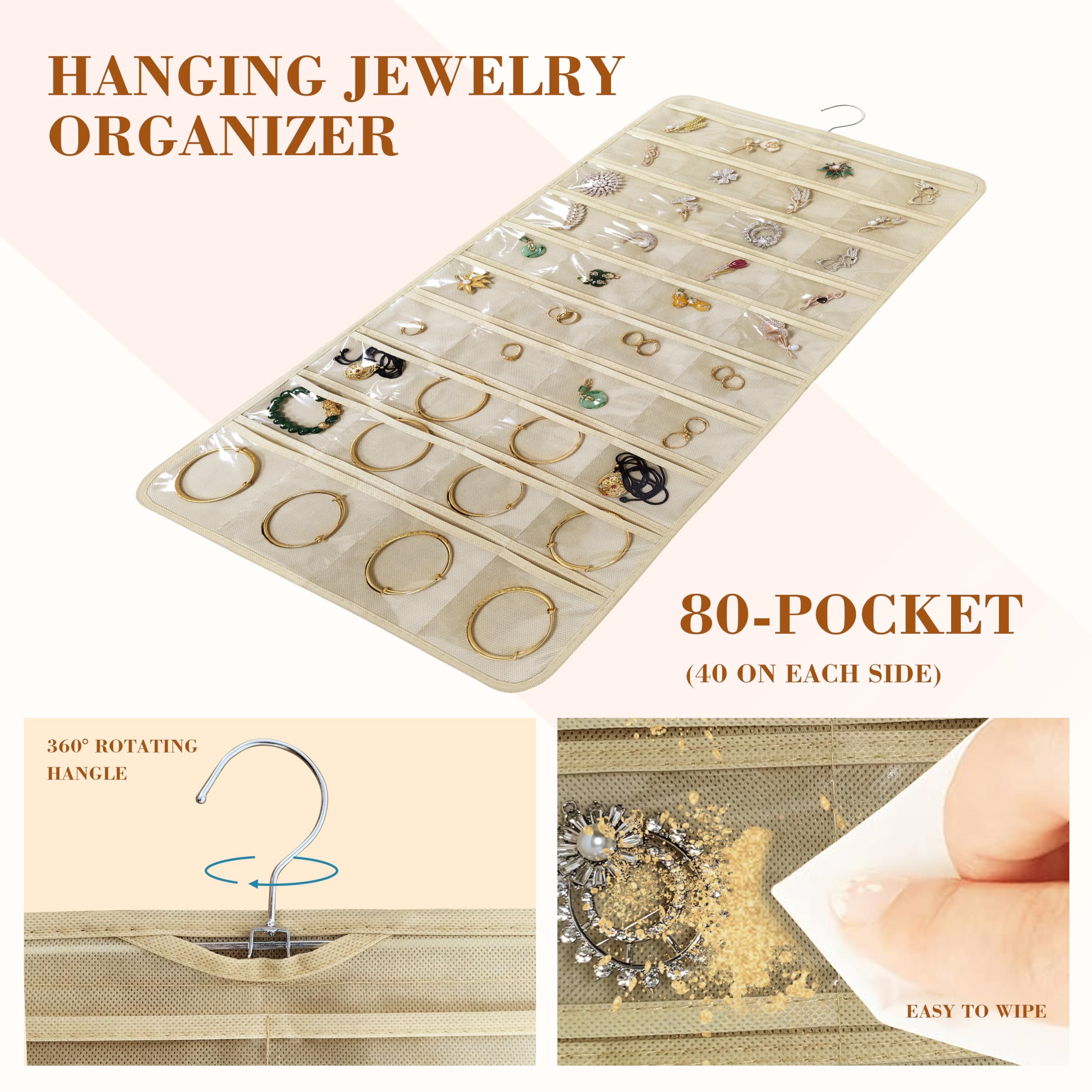 2 Pack (160 Pockets Total) Double-Sided Hanging Jewelry Organizer with Metal Hooks - Wall/Door/Closet Storage for Earrings, Necklaces, Rings - Space Saving Beige Jewelry Holder (2 Pcs) - Perfect for Bedroom, Bathroom & Travel Organization