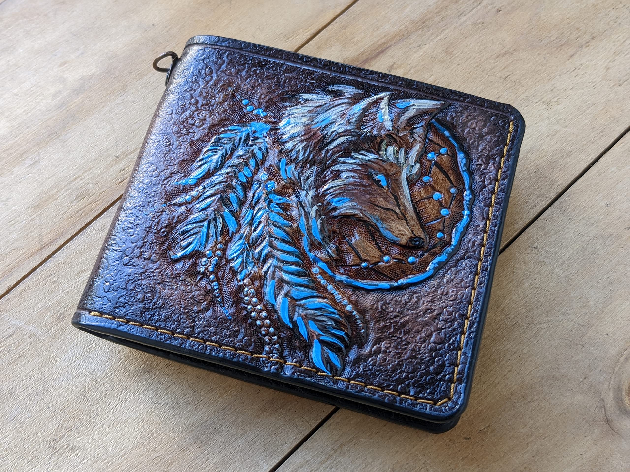 Handmade 3D Genuine Leather Bifold Wallet for Men - Custom Carved & Tooled with Airbrush Art, Personalized Turquoise Fox Dream Catcher Design - Perfect Gift for Father's Day, Birthday & Daily Use