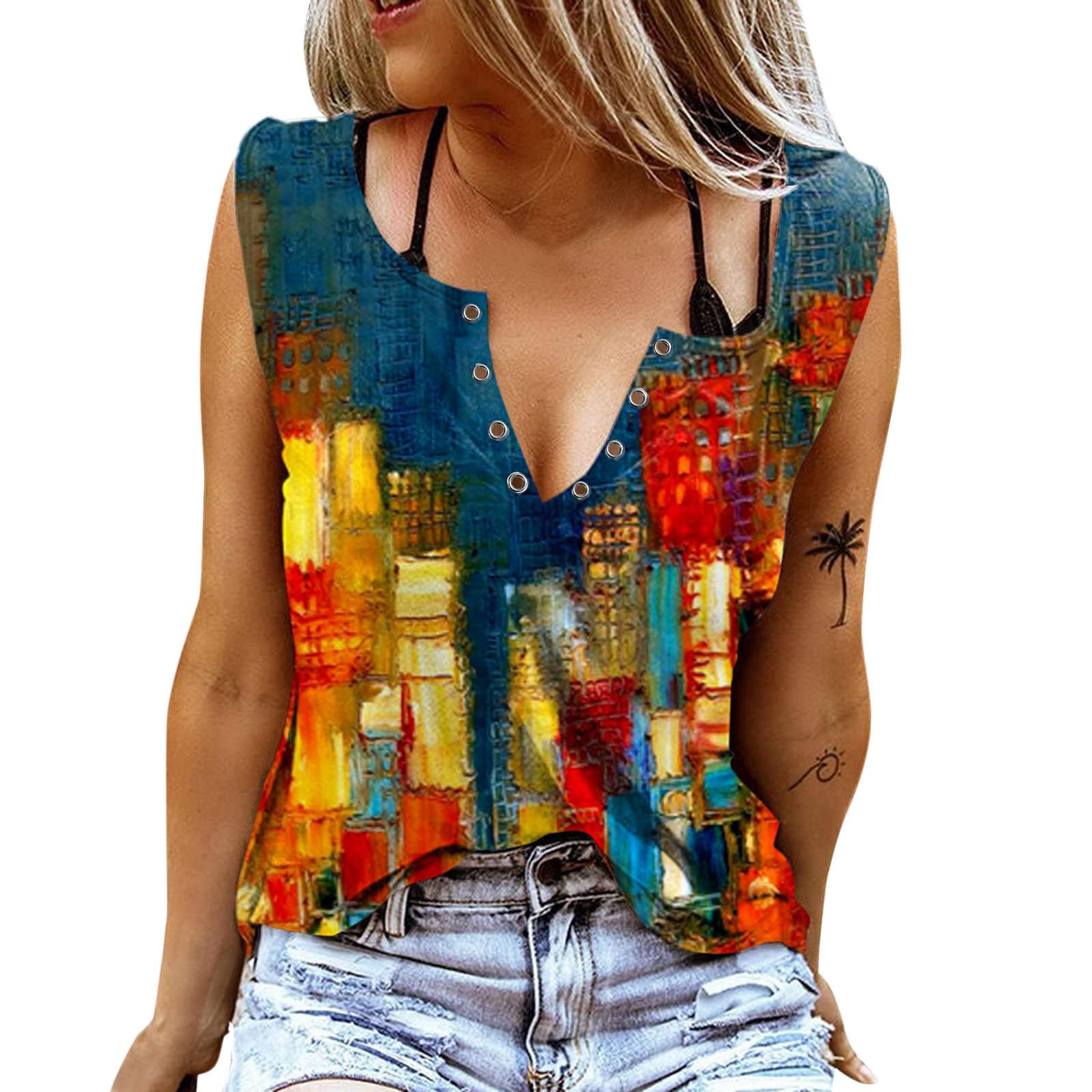Women's Sleeveless V-Neck Tank Tops - Loose Fit Floral Printed Summer T-Shirts & Casual Vest Tops | Perfect for Beach Outings, Yoga, and Everyday Wear