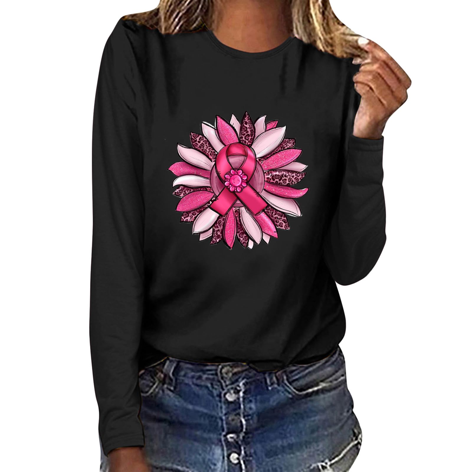 Pink Ribbon Breast Cancer Awareness Shirts for Women - Long Sleeve Graphic Tees, Casual Crewneck Pullover Blouse - Perfect for Fundraising Events, Survivor Support & Everyday Wear