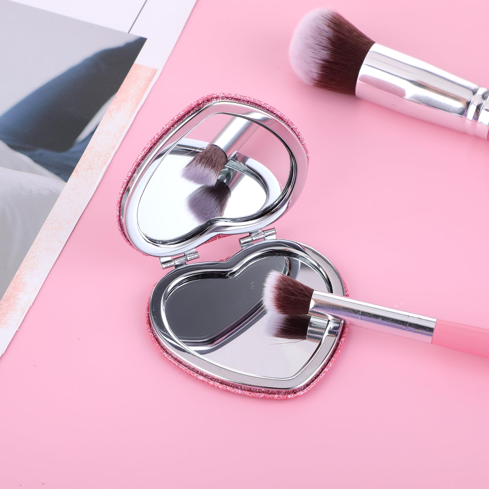 Heart-Shaped Compact Folding Vanity Mirror with Magnifier - Double-Sided Glitter Makeup Mirror for Women, Portable Travel Cosmetic Mirror for Purse - Perfect for Home, Office & Travel Beauty Touch-Ups