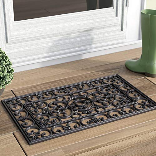 Kempf Rubber Scroll Doormat 18x30 Inches - Black Wrought Iron Design Indoor/Outdoor Entrance Mat - Perfect for Front Door, Patio, Deck & Mudroom Use