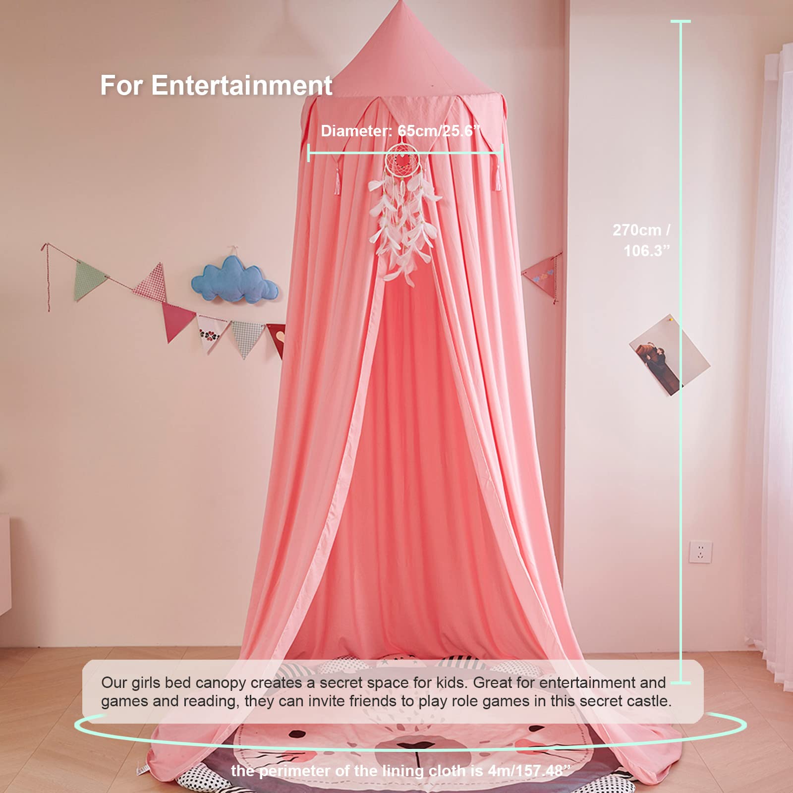 Girls Bed Canopy - Pink Castle Tent for Queen Size Bed, Reading Nook Decor