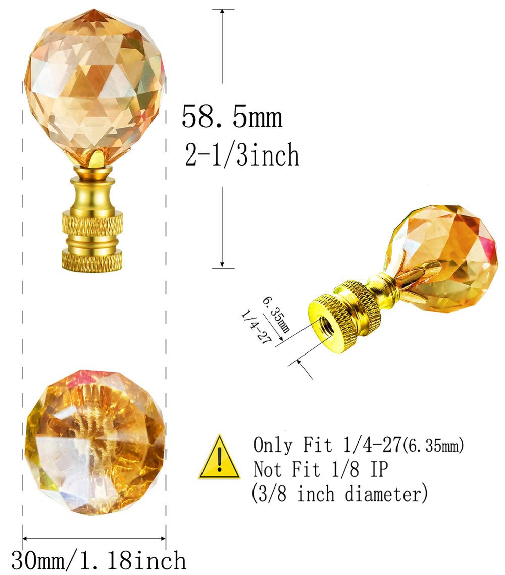 2Pcs 2-1/3 Inch Clear Champagne Crystal Lamp Finials with Polished Brass Base - Faceted Screw Top Knob for Lamp Shade Decoration - Perfect for Chandeliers, Table Lamps & Home Lighting Fixtures