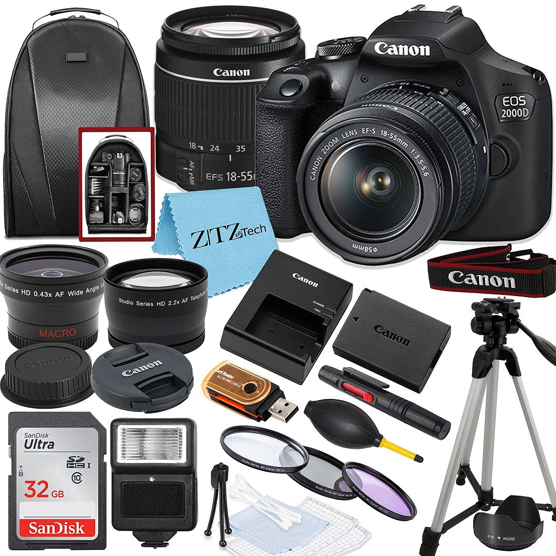 Canon EOS 2000D Rebel T7 DSLR Camera Bundle with EF-S 18-55mm Lens, 32GB SD Card, Tripod, Case & Wide Angle Lens - 20pc Photography Kit for Beginners, Travel & Family Portraits