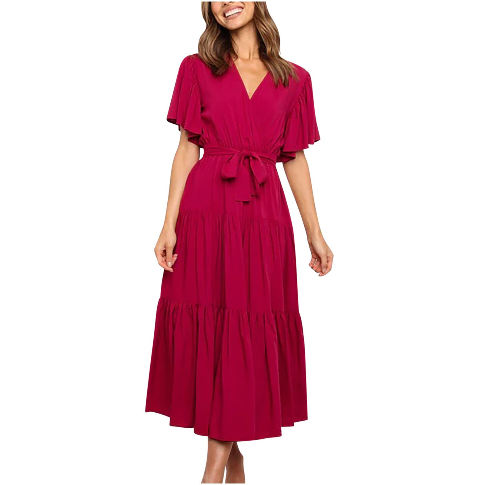 Elegant Dovford Women's Summer Wrap Dress with Ruffle Short Sleeves & Tie Belt - A-Line Swing Wedding Guest Dress for Beach, Party & Special Occasions