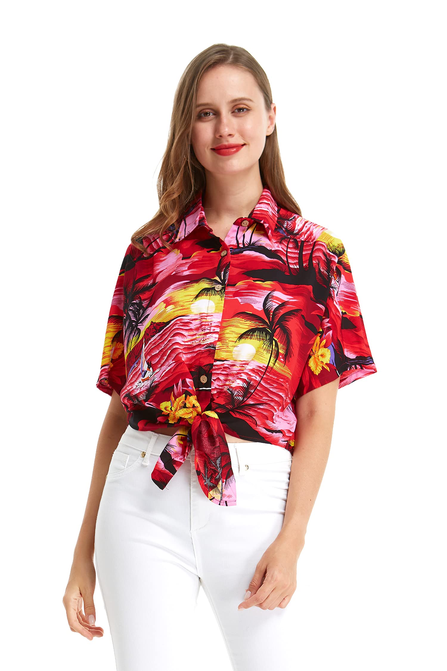 Women's Hawaiian Tie Front Crop Top Aloha Shirt - Floral Sunset Print Beachwear for Summer Vacation & Tropical Party Outfits