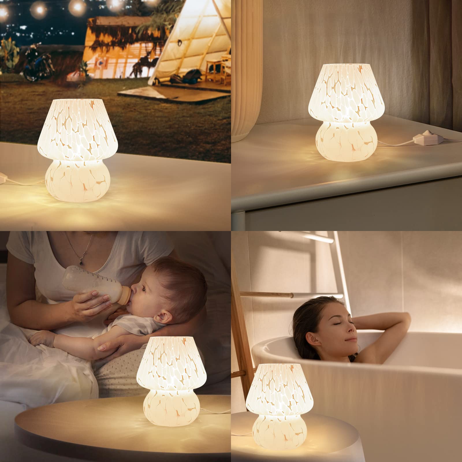 ONEWISH Mushroom Lamp - Small Dimmable Nightstand Light for Bedroom, Living Room & Kitchen | Translucent Glass Table Lamp with Murano Aesthetic | Perfect Birthday Gift & Home Decor (White) | Creates Cozy Ambiance for Reading & Relaxation